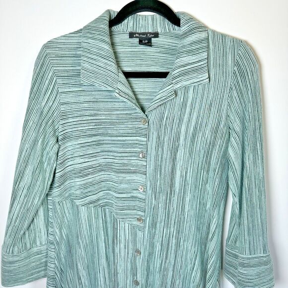 Michael Tyler Womens Small Green Striped Button Front Blouse Asymmetrical Hem - Picture 3 of 14